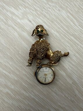 Sovereign Vintage Gold Poodle Brooch with Green Gemstone Eyes and Mini Watch